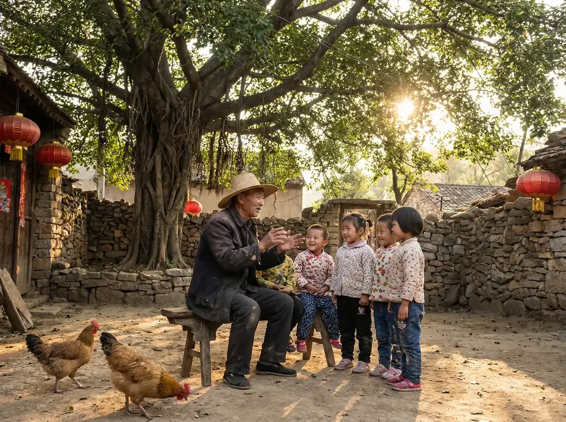 老人在大榕树下给孩子们讲故事 - 新车试驾预约 乡村记忆